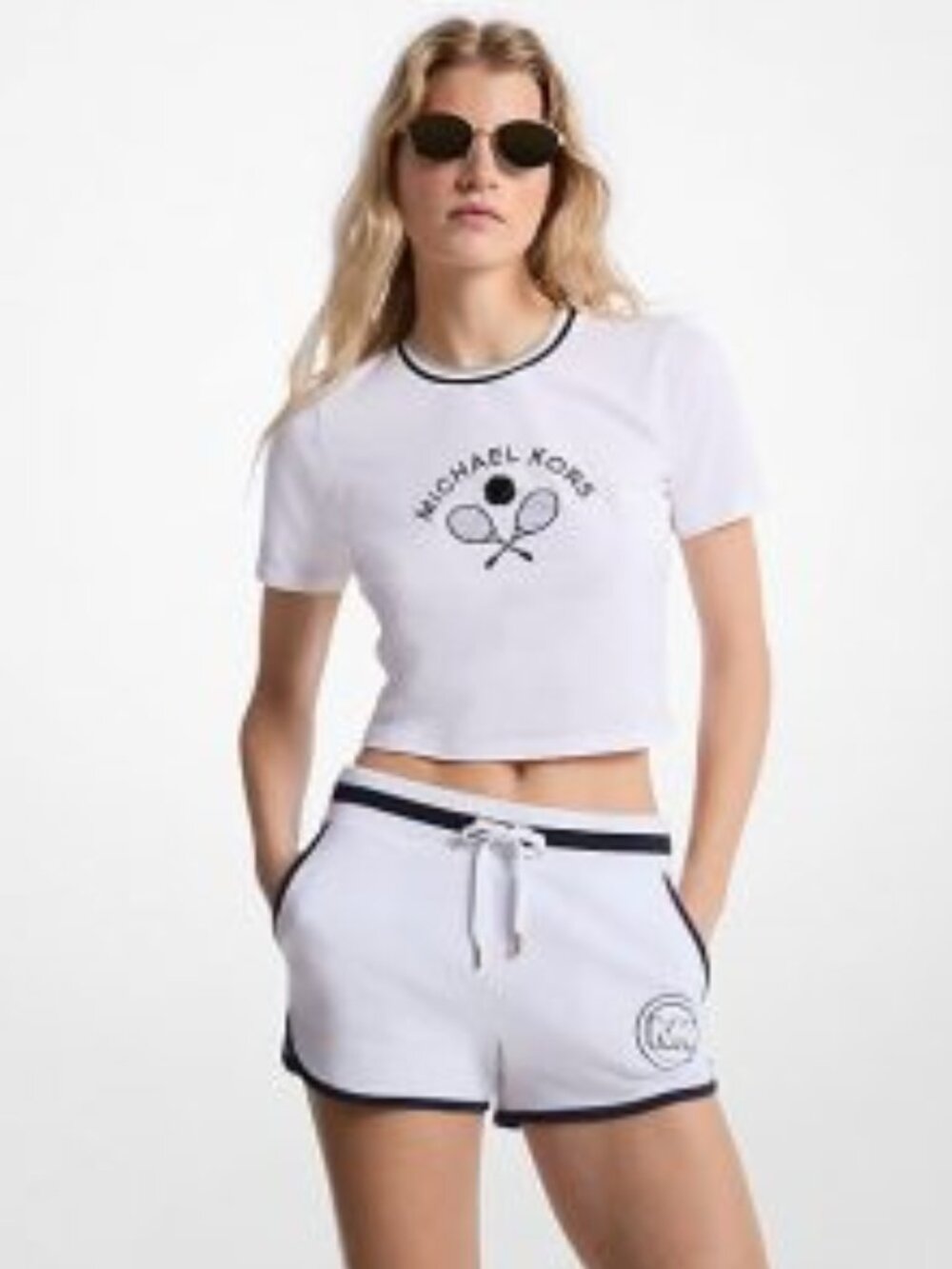 Michael Kors Tennis Racket Embroidered Ringer Crop Top White S/P Petite